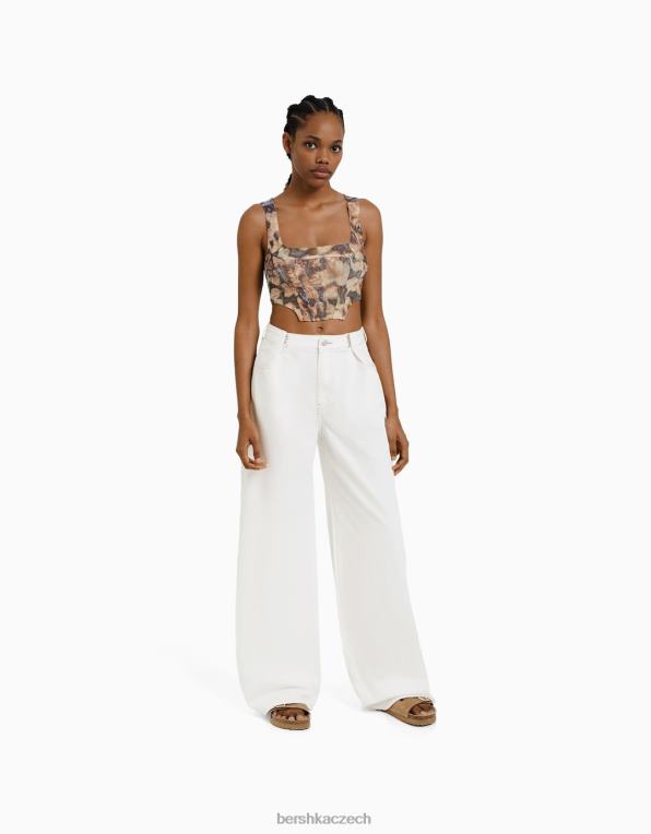 ženy Bershka široké džíny s nastavitelným pasem P88441564 oblečení bílý
