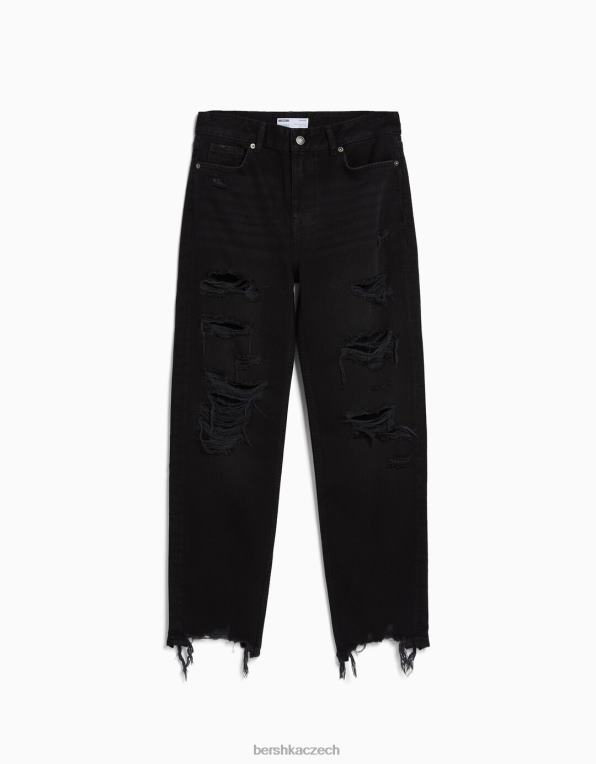 ženy Bershka roztrhané zkrácené džíny s rovnými nohama P88441572 oblečení Černá