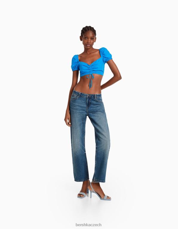 ženy Bershka zkrácené nízké džíny s rovnými nohavicemi P88441550 oblečení vymytá modrá