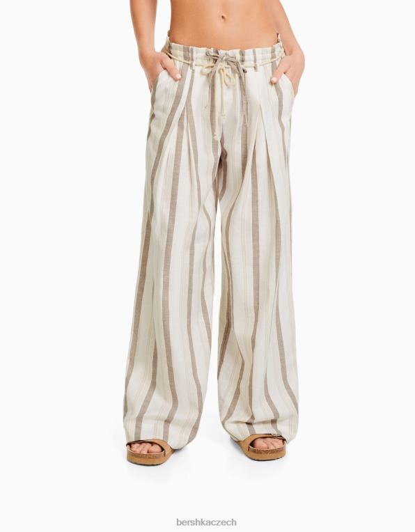 ženy Bershka rustikální pruhované papírové kalhoty se stahovací šňůrkou P88441427 oblečení písek
