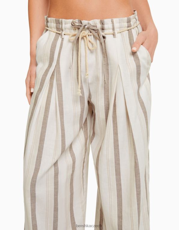ženy Bershka rustikální pruhované papírové kalhoty se stahovací šňůrkou P88441427 oblečení písek