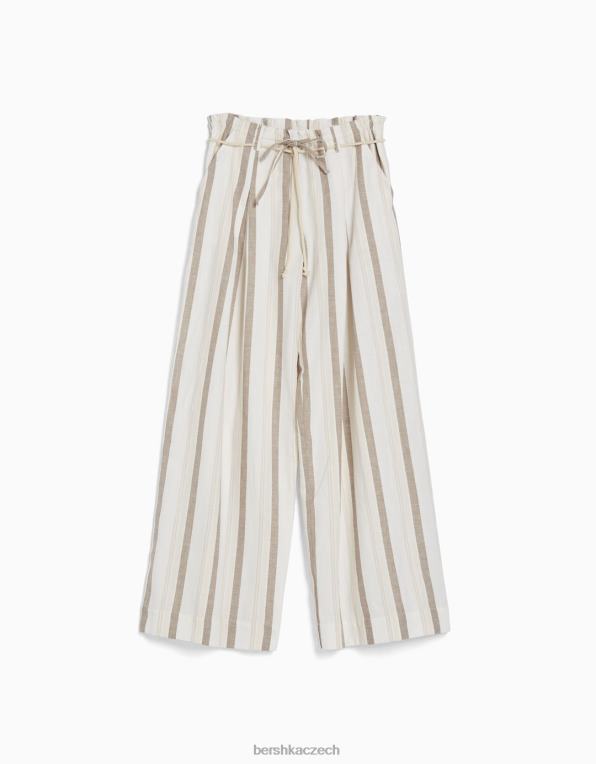 ženy Bershka rustikální pruhované papírové kalhoty se stahovací šňůrkou P88441427 oblečení písek