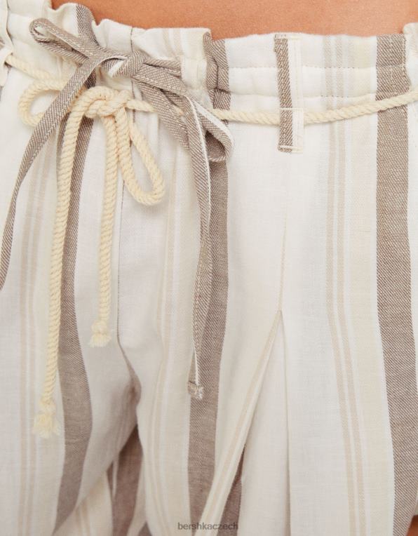 ženy Bershka rustikální pruhované papírové kalhoty se stahovací šňůrkou P88441427 oblečení písek