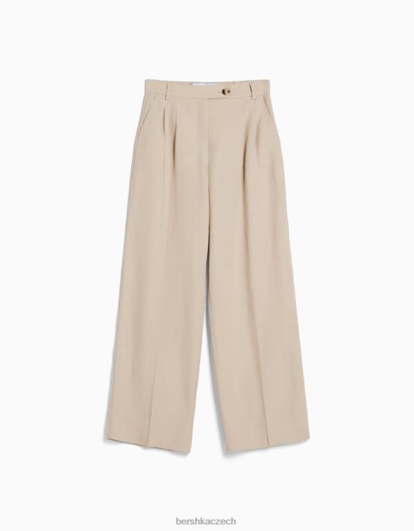 ženy Bershka základní kalhoty ze směsi lnu se širokými nohavicemi a elastickým pasem P88441436 oblečení písek