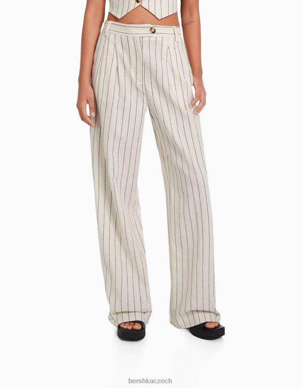 ženy Bershka základní kalhoty ze směsi lnu se širokými nohavicemi a elastickým pasem P88441472 oblečení krém