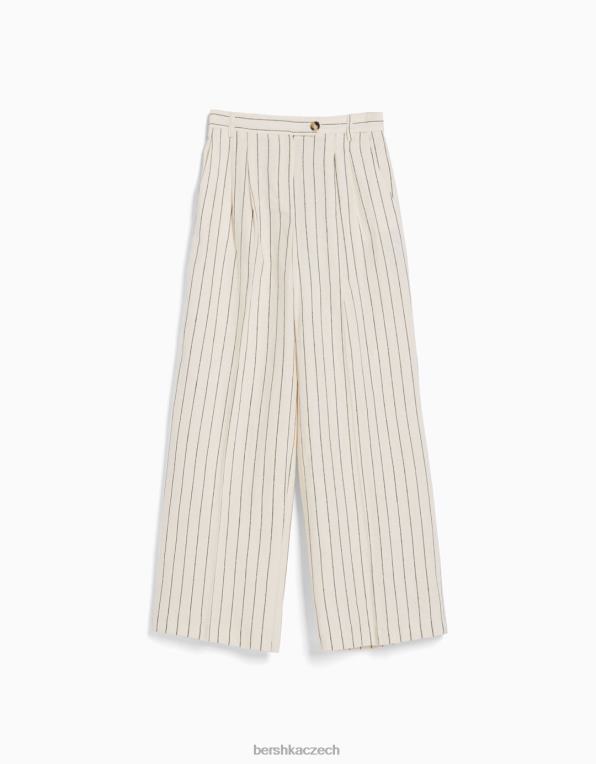 ženy Bershka základní kalhoty ze směsi lnu se širokými nohavicemi a elastickým pasem P88441472 oblečení krém