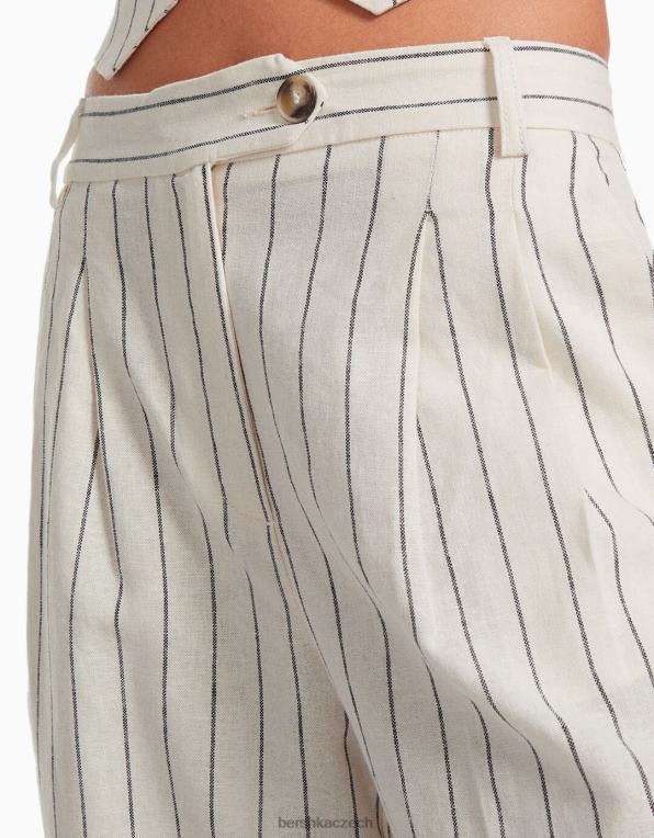 ženy Bershka základní kalhoty ze směsi lnu se širokými nohavicemi a elastickým pasem P88441472 oblečení krém