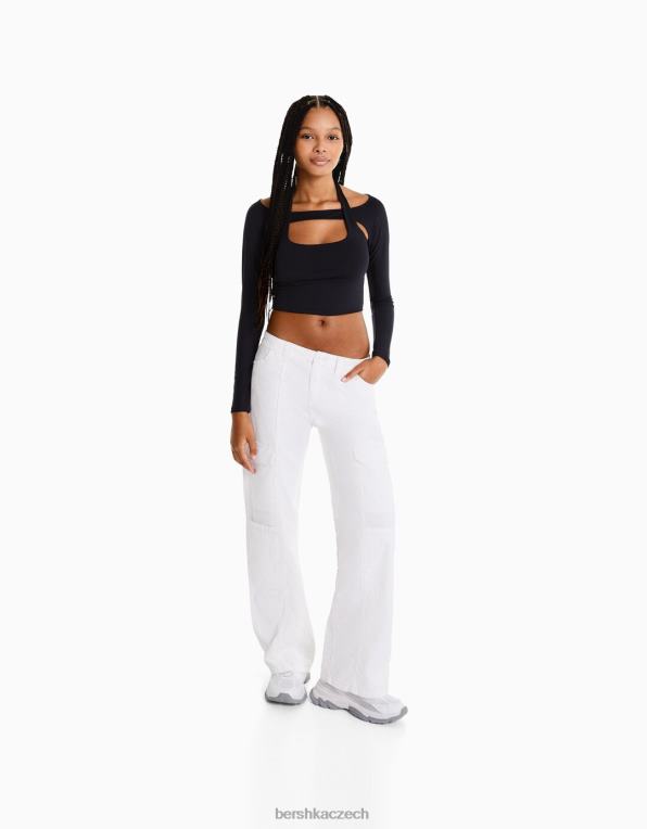 ženy Bershka bavlněné cargo kalhoty s nízkým pasem a kontrastní nití P88441363 oblečení špinavě bílé