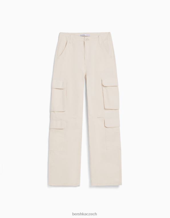 ženy Bershka nastavitelné vícekapsové keprové cargo kalhoty P88441299 oblečení krém