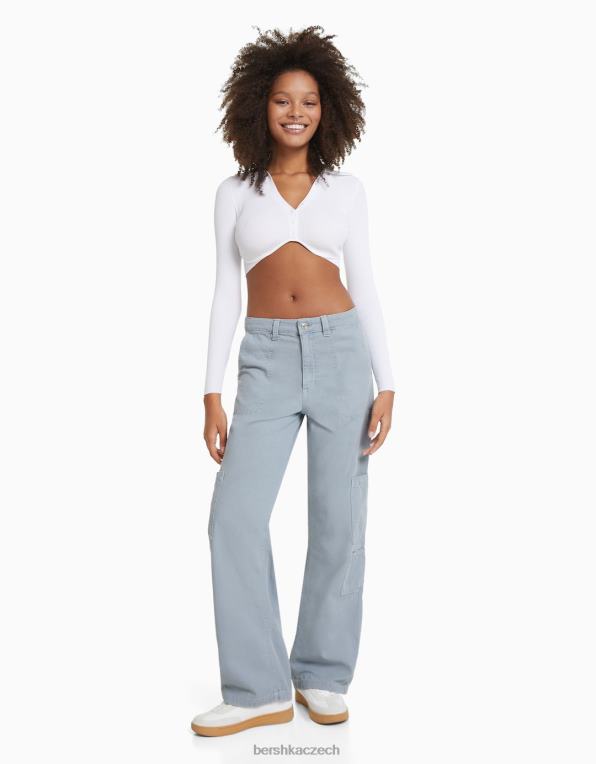 ženy Bershka plátěné tesařské kalhoty uvolněného střihu P88441318 oblečení modrý
