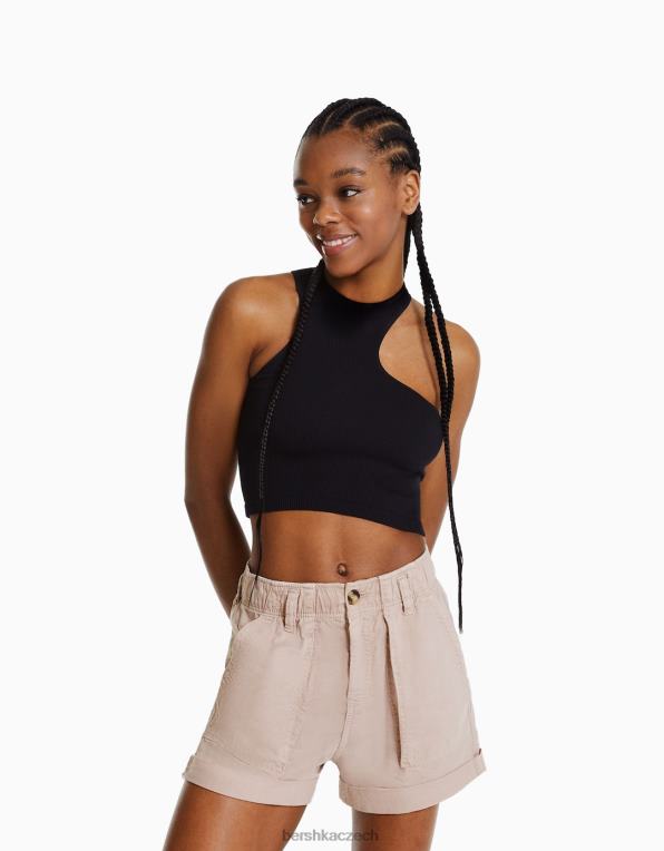 ženy Bershka paperbag bavlněné bermudy P88441689 oblečení růžový