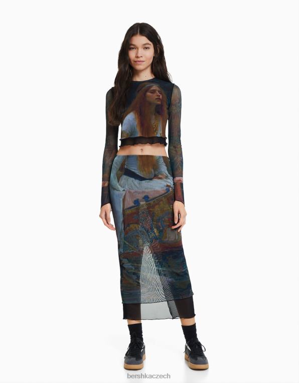 ženy Bershka art series tylová midi sukně P88441644 oblečení Černá