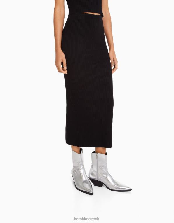 ženy Bershka žebrovaná midi sukně P8844956 oblečení Černá