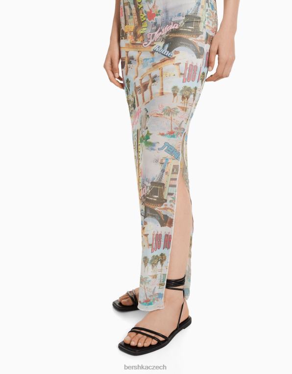 ženy Bershka midi sukně s potiskem ze síťoviny P88441646 oblečení krém