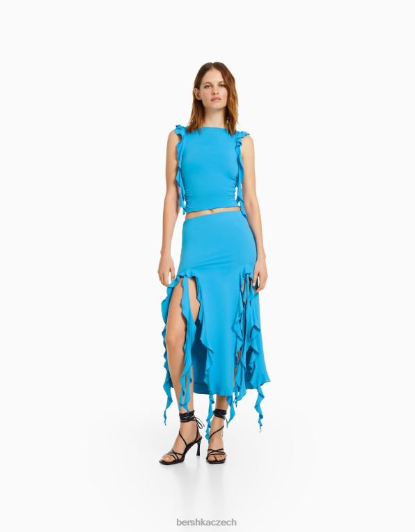 ženy Bershka midi sukně s volánky P88441652 oblečení modrý