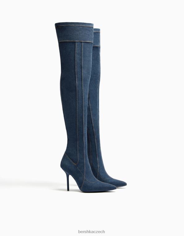 ženy Bershka džínové kozačky nad kolena na vysokém podpatku P88442335 obuv vymytá modrá