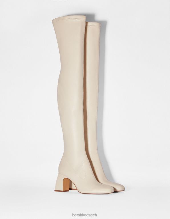 ženy Bershka kozačky nad kolena na středním podpatku P88442300 obuv ecru