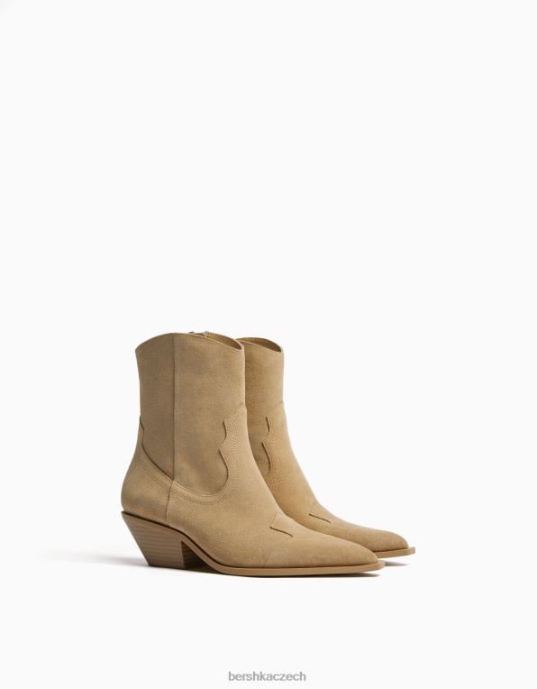 ženy Bershka kožené kovbojské kotníkové boty na vysokém podpatku P88441854 obuv písek