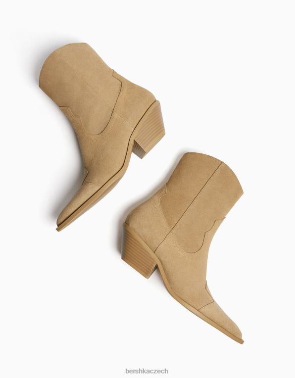 ženy Bershka kožené kovbojské kotníkové boty na vysokém podpatku P88442289 obuv písek
