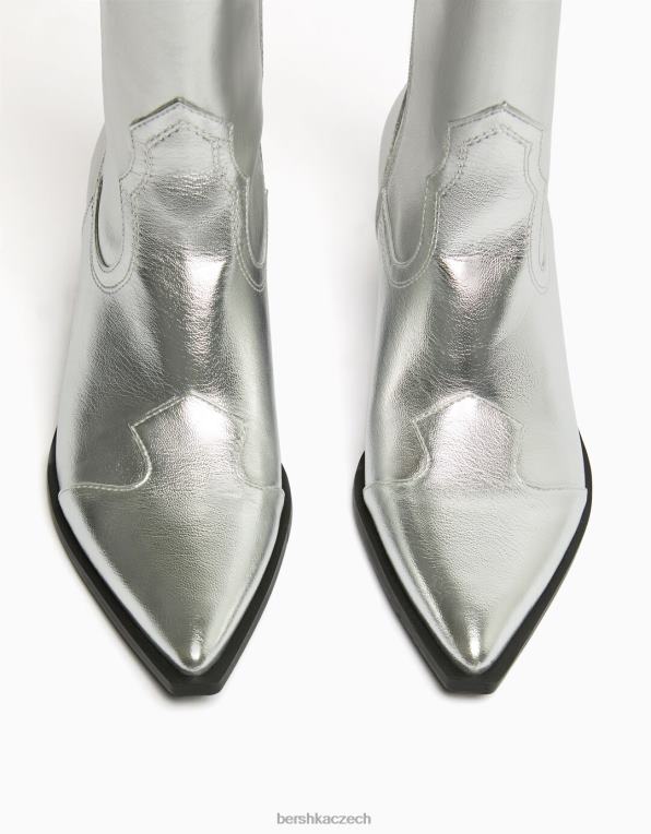 ženy Bershka kovbojské kotníkové boty na vysokém podpatku P88442284 obuv stříbrný