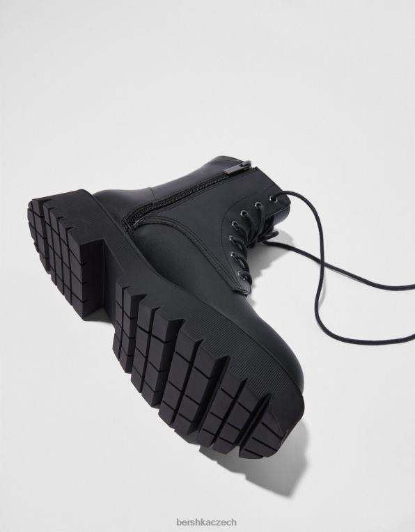 ženy Bershka šněrovací ploché kotníkové boty P88442290 obuv Černá