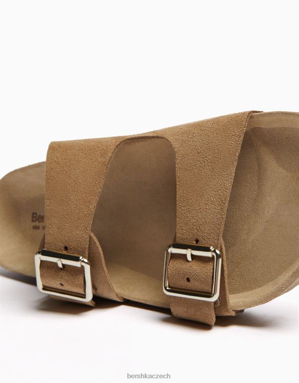 ženy Bershka kožené ploché sandály s přezkami P88441881 obuv písek