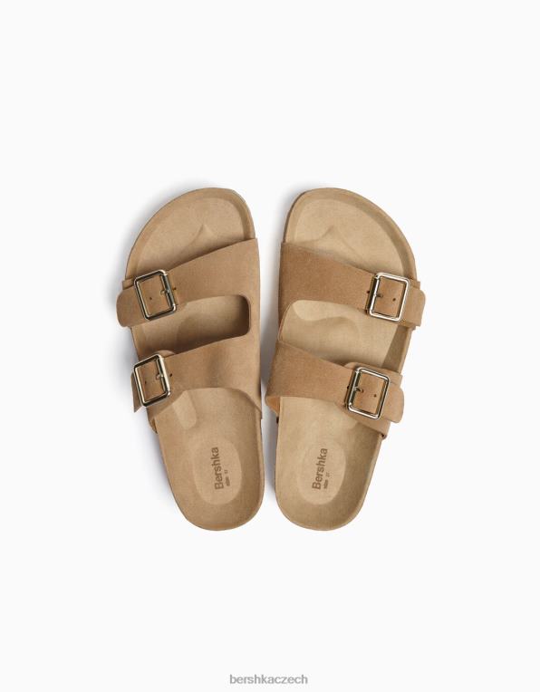ženy Bershka kožené ploché sandály s přezkami P88441881 obuv písek