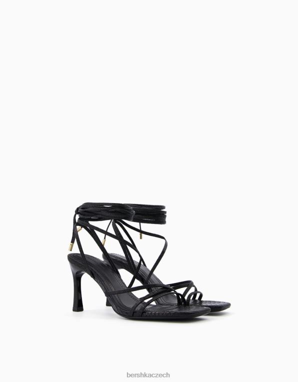 ženy Bershka šněrovací sandály na vysokém podpatku s reliéfním zvířecím potiskem P88442175 obuv Černá