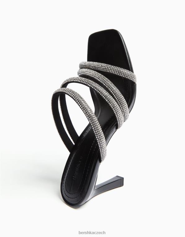 ženy Bershka sandály na vysokém podpatku s kamínkovými pásky P88442139 obuv Černá