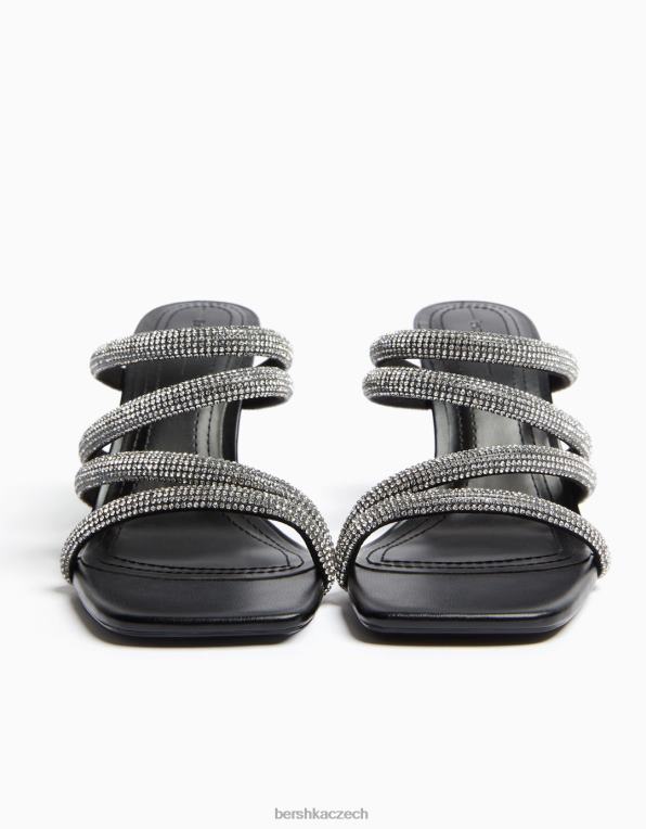 ženy Bershka sandály na vysokém podpatku s kamínkovými pásky P88442139 obuv Černá