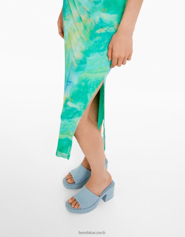 ženy Bershka Midi šaty s potiskem mimo ramena P88441845 oblečení modrý