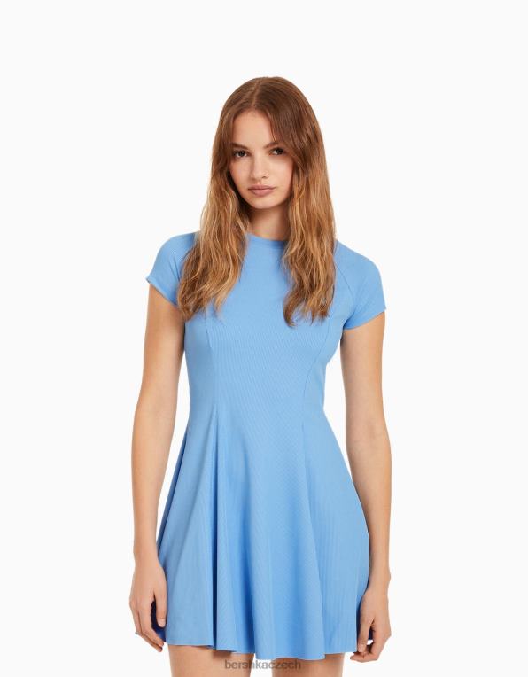 ženy Bershka Mini skater šaty s krátkým rukávem P88444107 oblečení modrý
