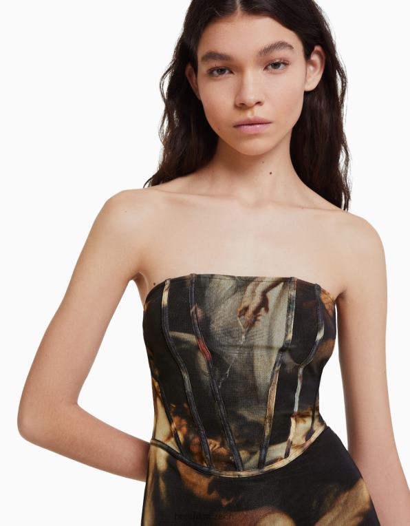 ženy Bershka art series print midi tylové šaty P8844262 oblečení Černá