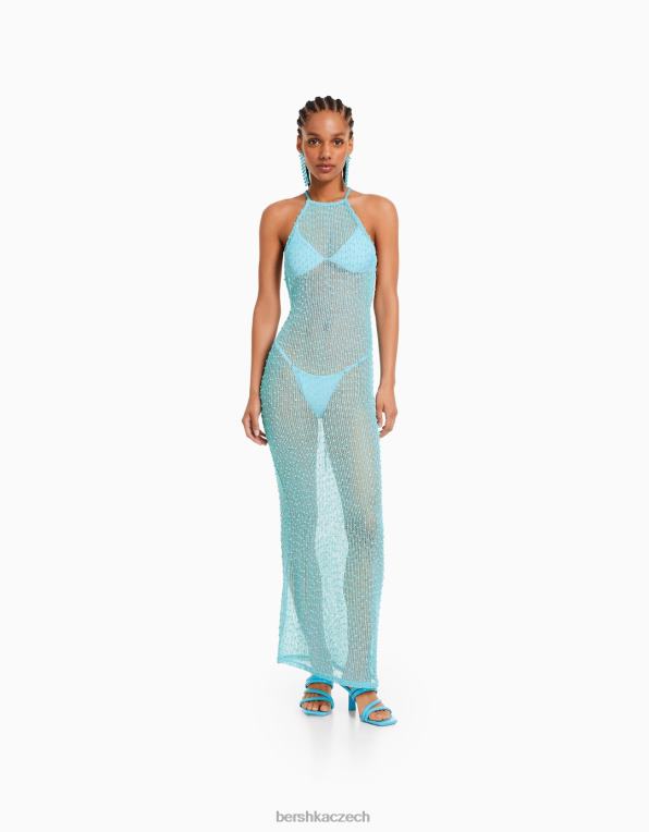 ženy Bershka dlouhé šaty s ohlávkou ze síťoviny P8844147 oblečení tyrkysový