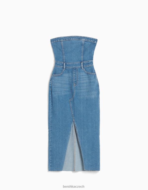 ženy Bershka dlouhé džínové bandeau šaty P88441832 oblečení světle modrá