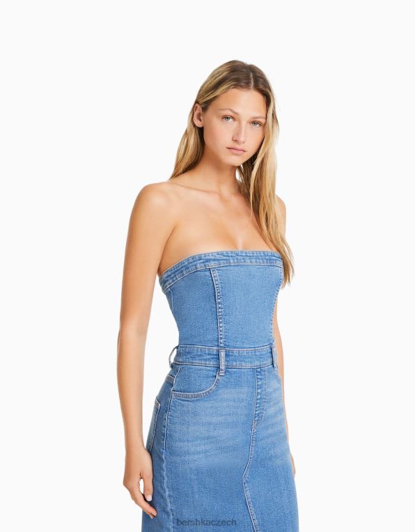 ženy Bershka dlouhé džínové bandeau šaty P88441946 oblečení světle modrá