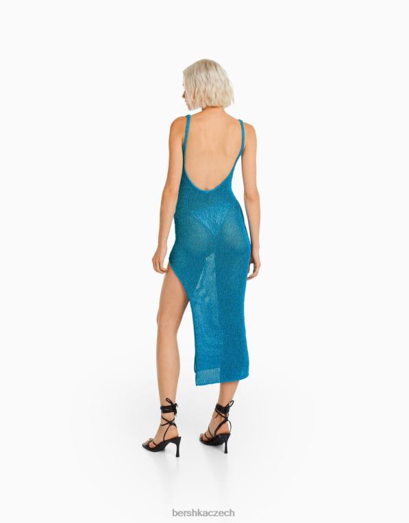 ženy Bershka dlouhé lesklé úpletové šaty na ramínka P88441849 oblečení modrý