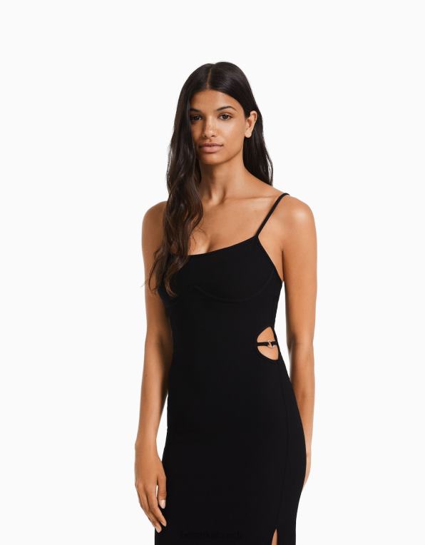 ženy Bershka dlouhé páskové vypasované žebrované šaty s vykrojeným detailem P884410 oblečení Černá