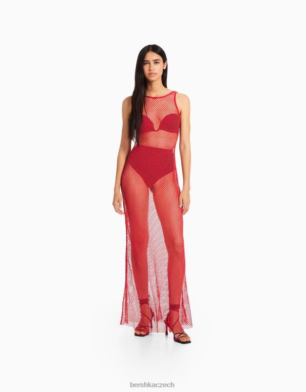 ženy Bershka dlouhé síťované šaty s ramínky P8844136 oblečení Červené