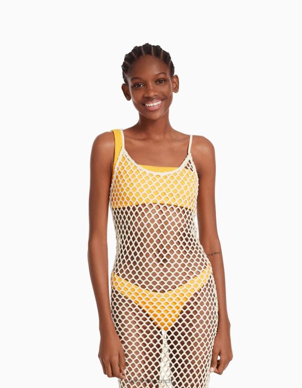 ženy Bershka dlouhé síťované šaty s ramínky P8844191 oblečení krém