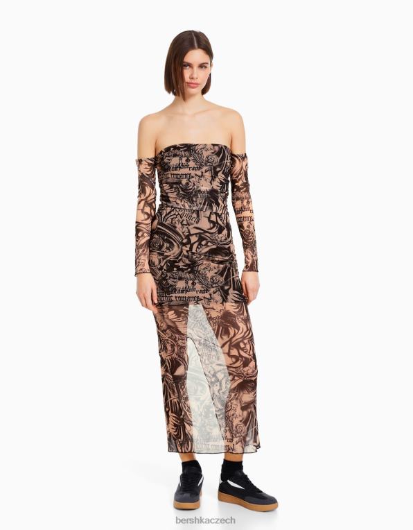 ženy Bershka dlouhé tylové šaty na ramínka P8844245 oblečení růžový