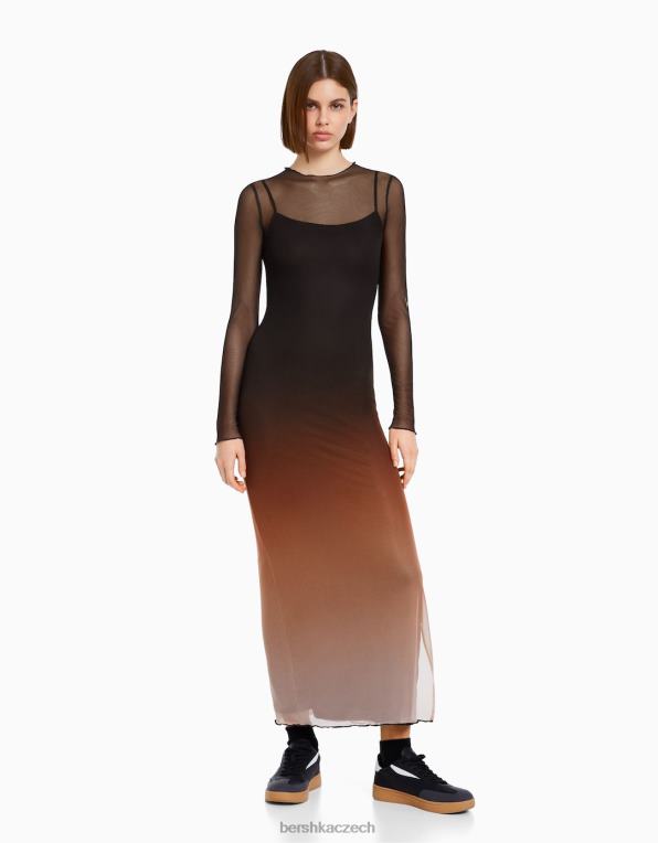 ženy Bershka dlouhé tylové šaty s dlouhým rukávem a potiskem P8844252 oblečení Černá