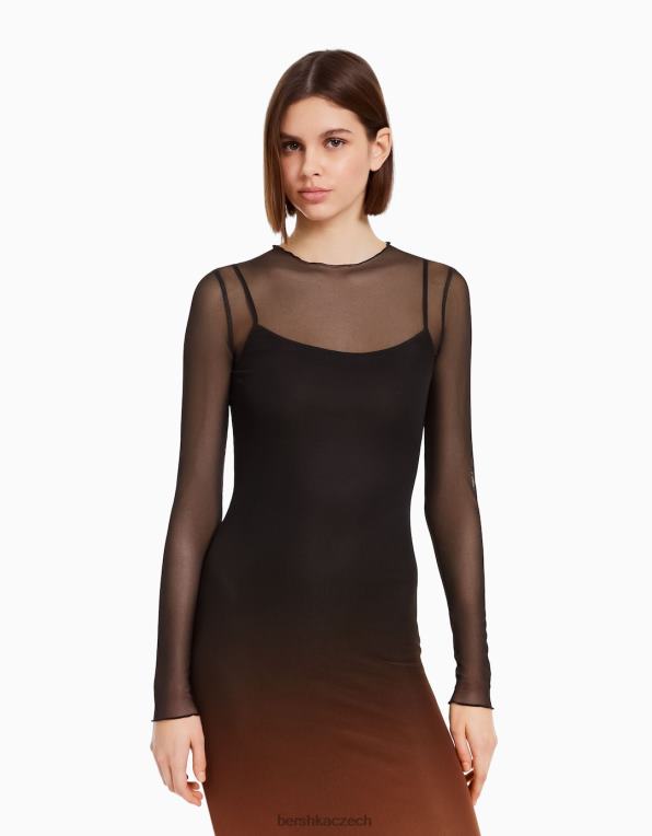 ženy Bershka dlouhé tylové šaty s dlouhým rukávem a potiskem P8844252 oblečení Černá