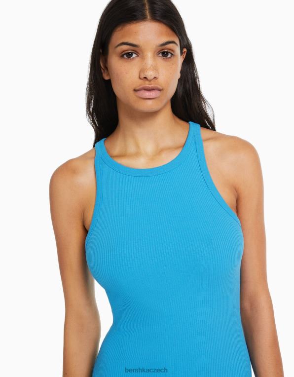 ženy Bershka žebrované midi šaty bez rukávů P88442 oblečení modrý