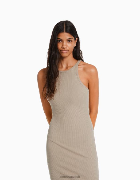 ženy Bershka žebrované midi šaty bez rukávů P88444 oblečení písek