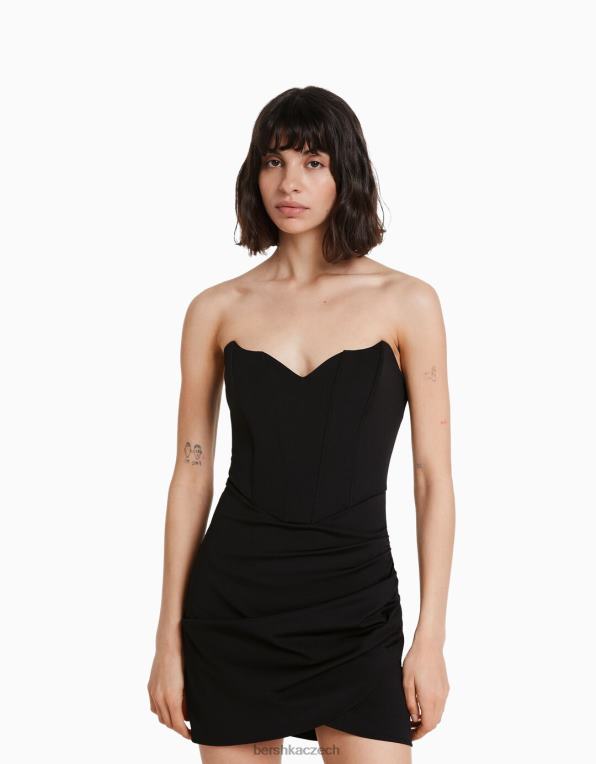ženy Bershka korzetové minišaty s překříženým lemem P8844125 oblečení Černá