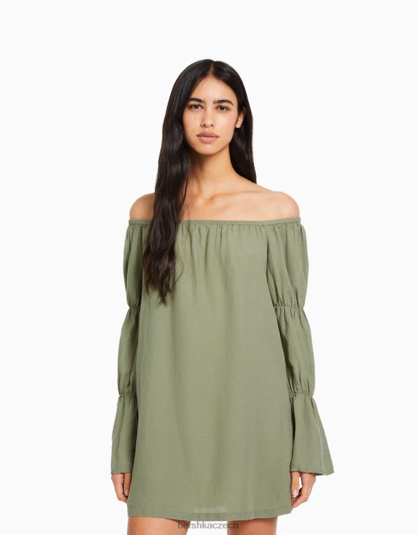 ženy Bershka lněné minišaty s dlouhým rukávem a nařasením P8844264 oblečení khaki