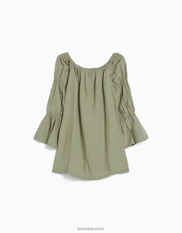 ženy Bershka lněné minišaty s dlouhým rukávem a nařasením P8844264 oblečení khaki