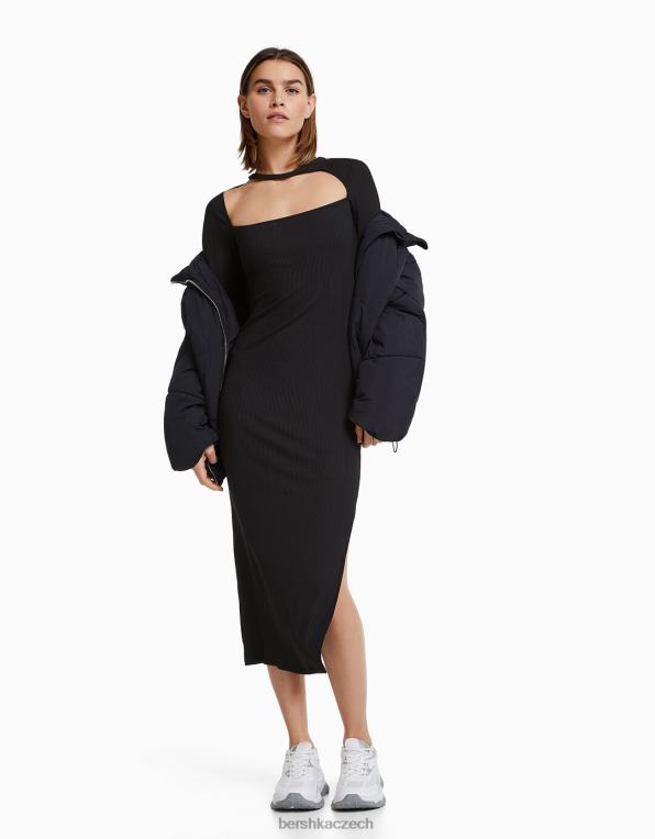 ženy Bershka midi šaty s dlouhým rukávem a asymetrickým výstřihem P8844258 oblečení Černá