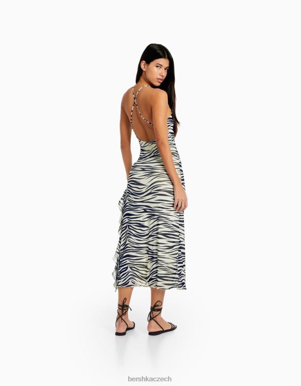 ženy Bershka midi šaty s nařasenými ramínky ze síťoviny P884434 oblečení Černá